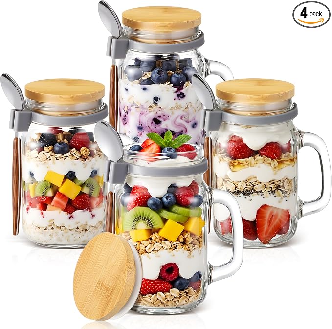 Newtay 4 Pack 16oz Overnight Oats Container with Lids and Spoon, Airtight Glass Mason Jar with Handles for Chia Pudding Milk Cereal Meal Prep Yogurt Food Storage, Microwave Freezer and Dishwasher Safe