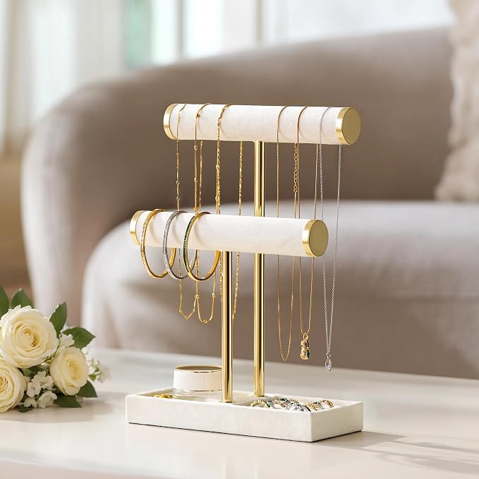 bussdis 2 Tier Bracelet Holder Display - Detachable T Bar Beige Velvet Bracelet Holder, Jewelry Holder Organizer for Bracelet, Necklace, Earrings, Rings