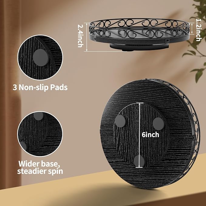 Yoobure 10" Lazy Susan Turntable for Cabinet - Farmhouse Wooden Round Tray for Table Top, 360° Rotating Lazy Susans Counter Organizer with Patterned Raised Edge for Kitchen Dining Table Decor, Black