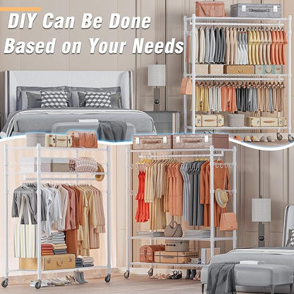 Homdox 3 Tier Garment Rack with Wheels, Portable Closets for Hanging Clothes Heavy Duty, Closet Racks and Shelving with Double Hanger Rods & Side Hooks, White