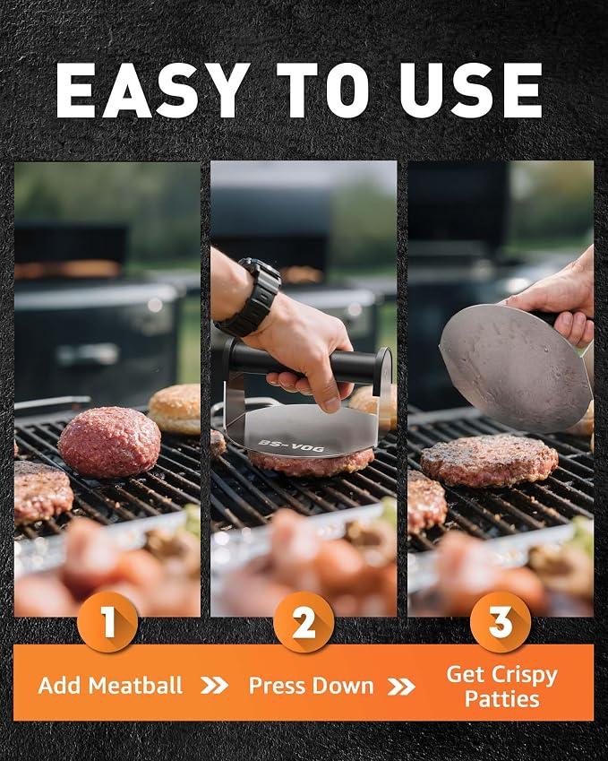 BS-VOG Burger Press, 6" Stainless Steel Burger Smasher for Griddle, Nonstick Round Hamburger Smasher Tool for Cooking Bacon, Patty, Ground Beef, Meats, Dishwasher Safe, Christmas Gift Package for Men