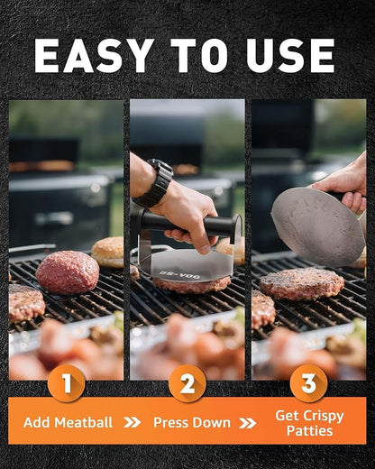 BS-VOG Burger Press, 6" Stainless Steel Burger Smasher for Griddle, Nonstick Round Hamburger Smasher Tool for Cooking Bacon, Patty, Ground Beef, Meats, Dishwasher Safe, Christmas Gift Package for Men
