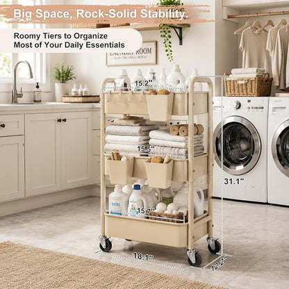 3 Tier Beige Rolling Storage Cart Metal on Wheels, Cream Three Tiered Diaper Caddy with Wheels,Utility Organizer Trolley for Nursery,Postpartum,Art,Craft,Khaki Roller Bedside Carts for Baby Essentials