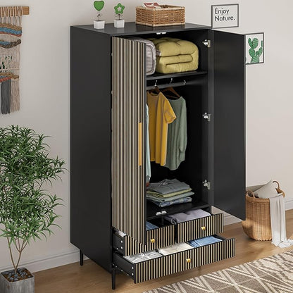 Armoire Wardrobe Closet with 2 Fluted Doors,64.96" Wooden Clothes Storage Cabinet with Hanging Rod and Shelf Storage,Wardrobe Cabinet with 3 Drawers,Freestanding Closet for Bedroom (Black)