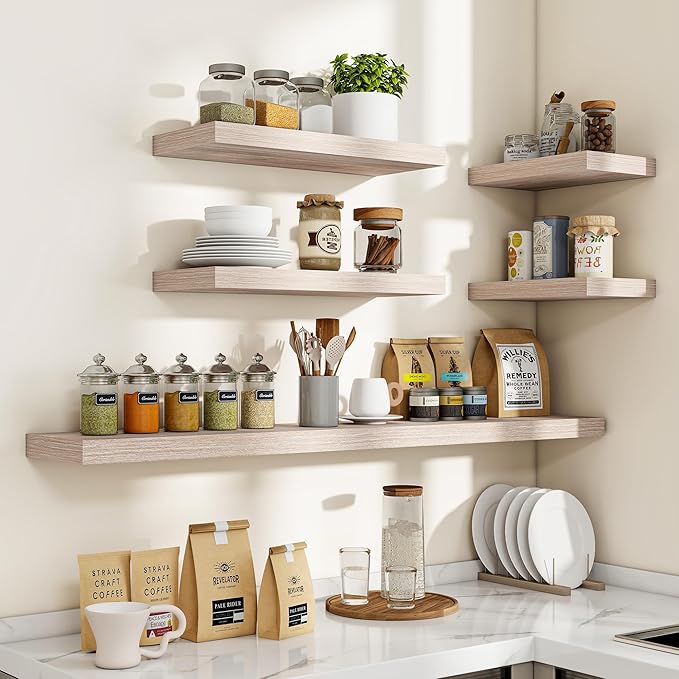 Acovy 48 Inch Floating Shelves, 3D Textured Wood Grain, 48"x9.25"x1.5" Inch Deep Floating Shelves for Wall, Wooden Shelves for Bathroom, Bedroom, Living Room, Washed White, 1 Piece