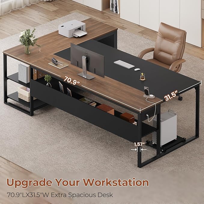 71" Executive Desk, Large Office Desk with Widen File Drawers & Power Outlets, Reversible L Shaped Computer Desk Corner Desk with Storage Shelves, CPU Stand, Hooks, Business Furniture (Walnut)
