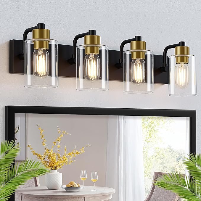 Bathroom Light Fixtures,Matte Black and Gold 4-Light Bathroom Lights with Clear Glass Shade,Modern Wall Sconces Over Mirror for Bathroom