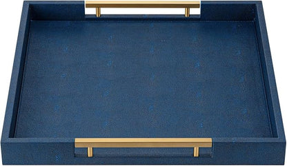 Navy Blue Faux Leather Large Square Decorative Serving Tray with Handles – for Coffee Table, Ottoman, Living Room, Bathroom & Home Decor