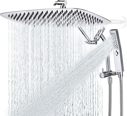 G-Promise All Metal 16 Inch Shower Head with Massage Mode Handheld, Rain Shower Head with Handheld Spray Combo, 3-Way Diverter with Pause Setting, 12 Inch Adjustable Extension Arm (Chrome)