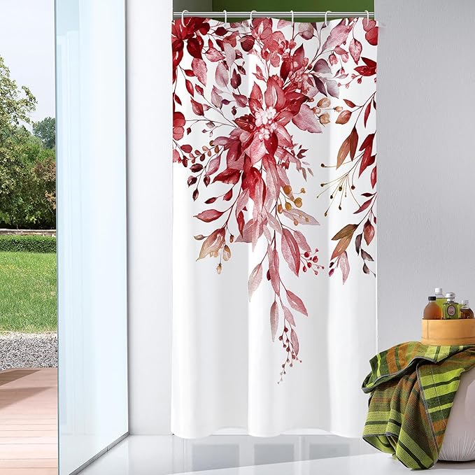 Gibelle Small Stall Shower Curtain 36 x 72, Narrow Half Burgundy Red Floral Shower Curtain for Bathroom, Watercolor Plant Eucalyptus Leaves Fabric Shower Curtain Set