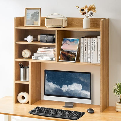 Desktop Bookshelf, Wooden Desk Hutch with 7 Shelves, 35.4" 3-Tier Desk Organizer and Storage Shelf for College Dorm Office Home (Natural)