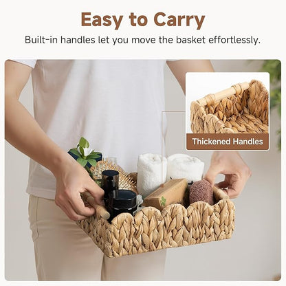 StorageWorks Toilet Paper Storage Basket, Living Room Organizers and Storage, Toilet Paper Basket with Wooden Handles, Small Water Hyacinth Scalloped Basket, Natural
