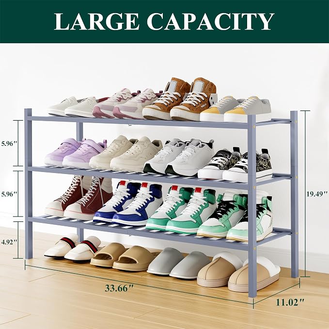 Smiry Long Bamboo Shoe Rack, 3 Tier Free Standing Wooden Shoe Organizer, Stackable Wood Shoe Storage Shelf for Closet, Entryway, 12 Vertical Slats, 2+1 Stack Standard Legs, 33.7"x11"x19.5", Grey