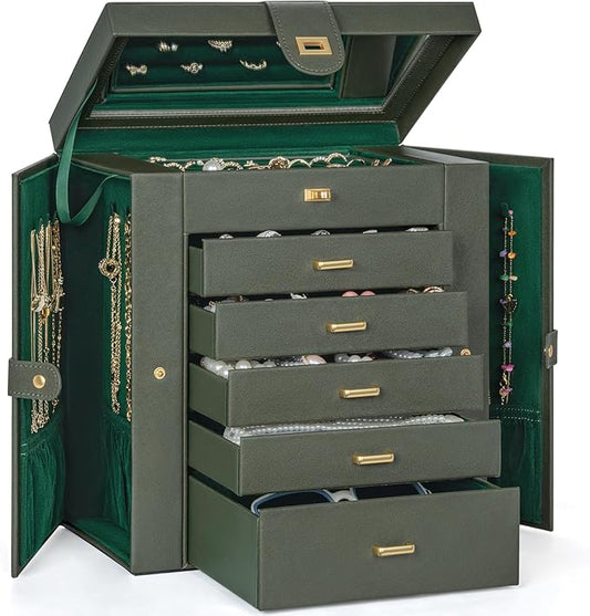 AKOZLIN 6-Tier Jewelry Box Organizer Functional 5 Drawers Leather Jewelry Storage Case for Women Girls Ring Necklace Earring Bracelet Holder Organizer with Mirror Extra Large Darkgreen