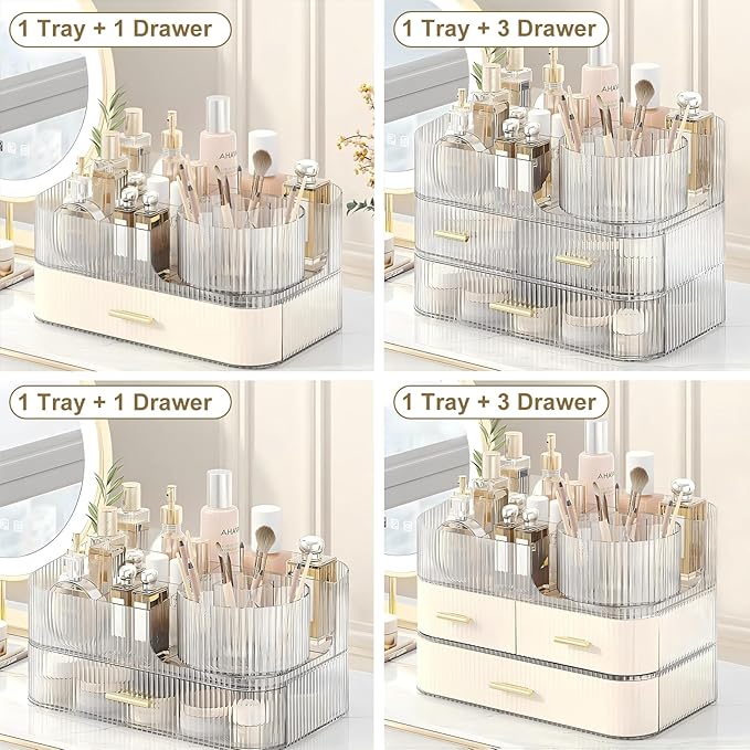 DASITON Makeup Organizer with Drawers and Rotating Makeup Brush Holder,Large Capacity Stackable Cosmetic Organizer Countertop,Bathroom Organizers and Storage,Make up Organizers for Vanity (Clear 02)