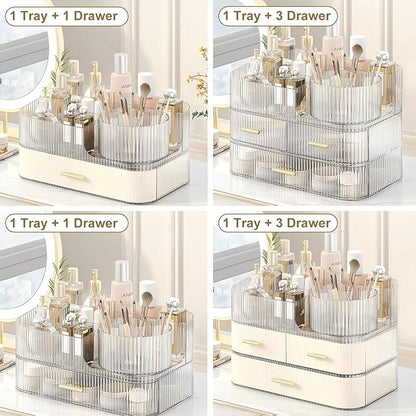 DASITON Makeup Organizer with Drawers and Rotating Makeup Brush Holder,Large Capacity Stackable Cosmetic Organizer Countertop,Bathroom Organizers and Storage,Make up Organizers for Vanity (Clear 02)