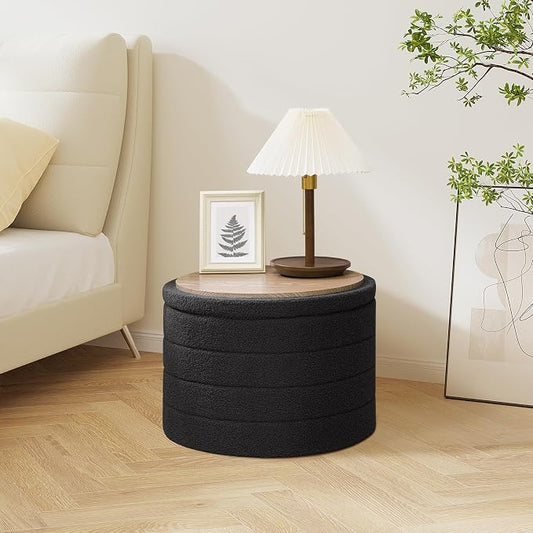 PINPLUS Round Storage Ottoman, Foldable Sherpa Ottoman Footstool Storage with Coffee Table for Living Room, Bedroom, Dorm (Dark Grey)