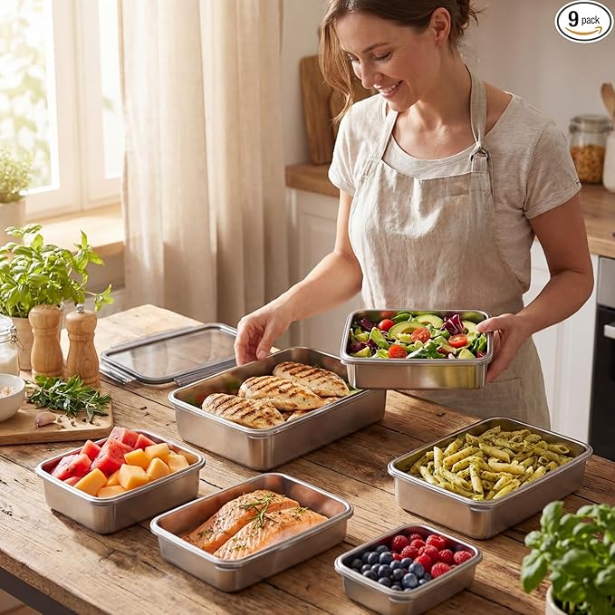 Hushee 6 Pack Bacon Cheese Container for Refrigerator, 304 Stainless Steel Airtight Deli Meat Container, Dishwasher Safe Fridge Storage Fruit Lunch Storage with Lids for Fridge, 4 Sizes