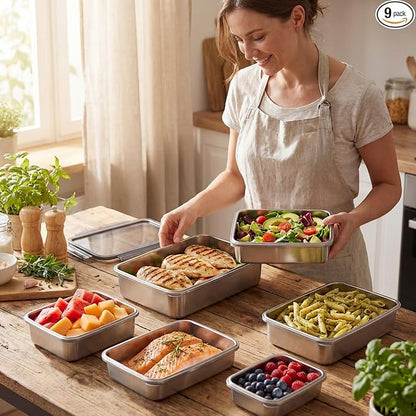 Hushee 6 Pack Bacon Cheese Container for Refrigerator, 304 Stainless Steel Airtight Deli Meat Container, Dishwasher Safe Fridge Storage Fruit Lunch Storage with Lids for Fridge, 4 Sizes