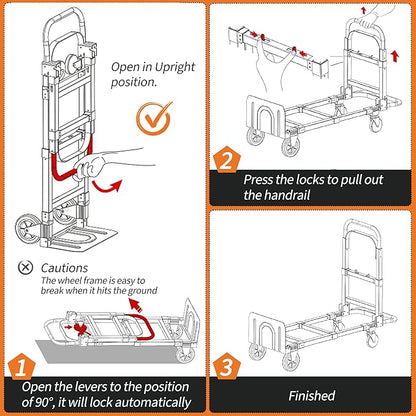 GarveeTech 2 in 1 Convertible Hand Truck Dolly, 660 LBS Load Capacity Folding Cart with Wheels, Elastic Straps, Carbon Steel Collapsible Dolly Cart for Home, Warehouse, Supermarket, Office