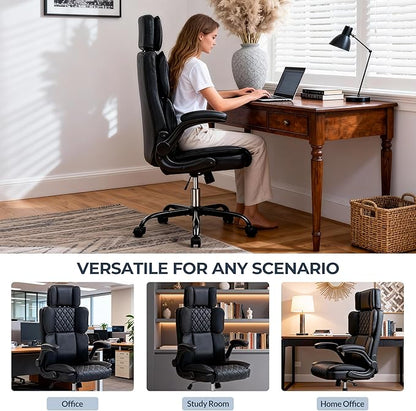 Office Chair with Adjustable Headrest, Faux Leather Executive Home Office Desk Chairs with Ergonomic Back Support, Padded Flip-Up Armrests, Swivel Rolling Computer Chair for Work, Study, Black