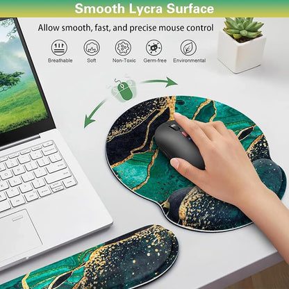 Mouse Pad Green with Wrist Rest Set, 3-in-1 Wrist Support Mousepad Set, Gaming Mat Pad with Anti-Skid Base,Ergonomic Mouse Pad,Memory Foam Gel Wrist Rest for Computer Keyboard