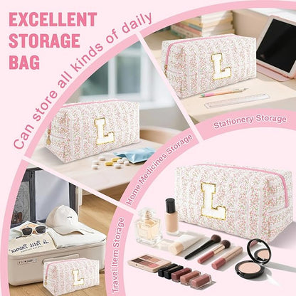 Personalized Quilted Cosmetic Bag, Puffy Monogrammed Christmas Birthday Gifts for Women & Girls, Cute initial Floral Makeup Bag Puffer Coquette Bag, Aesthetic Travel Toiletry Zipper Pouch(Pink,L)