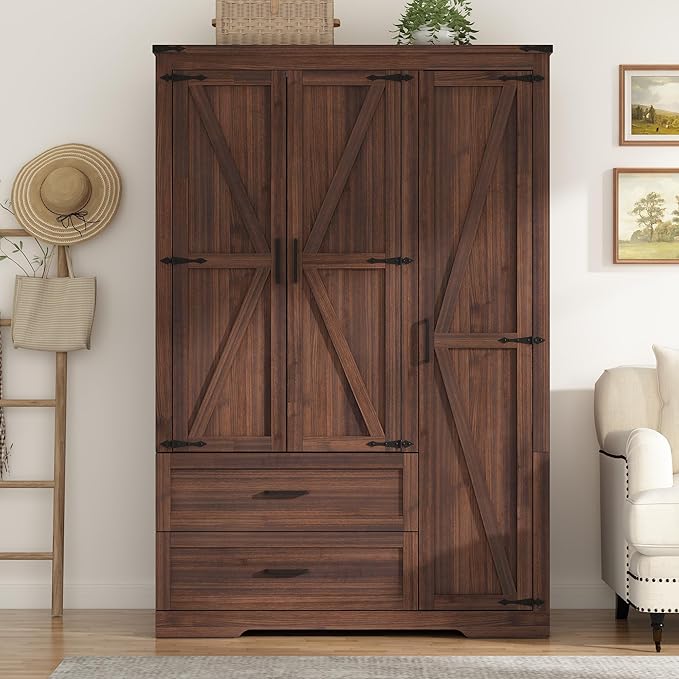 St.Mandyu Farmhouse Wardrobe Armoire Closet with 3 Doors and 2 Drawers, 70.1" Wooden Clothing Storage Cabinet, Freestanding Large Capacity Storage Wardrobe Armoire with Hanging Rod for Bedroom, Brown