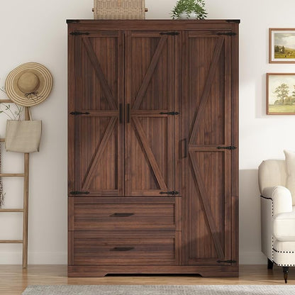 St.Mandyu Farmhouse Wardrobe Armoire Closet with 3 Doors and 2 Drawers, 70.1" Wooden Clothing Storage Cabinet, Freestanding Large Capacity Storage Wardrobe Armoire with Hanging Rod for Bedroom, Brown
