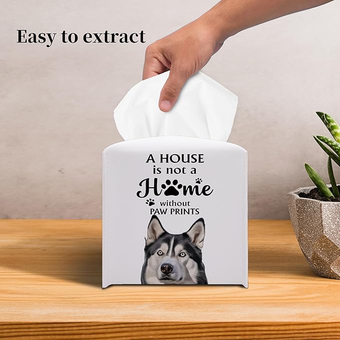 Grace Yonks Cute Husky Tissue Box Cover Square, Husky Dog Cube Case for Facial Tissues, 5.2" PU Leather(036)