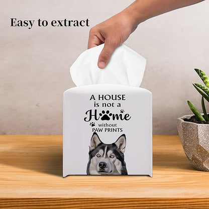 Grace Yonks Cute Husky Tissue Box Cover Square, Husky Dog Cube Case for Facial Tissues, 5.2" PU Leather(036)