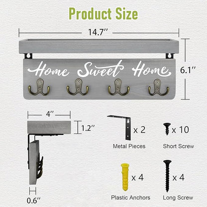 buways Key Holder Wall Mount with 4 Double Hooks-Solid Wood Wall-Mounted Organizer for Keys&Mail Rustic Key Rack Hanger Holder Home Decor for Entryway Living Room (Gray)