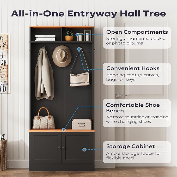 Entryway Hall Tree with Bench and Storage, 5-in-1 Farmhouse Coat Rack with 7 Hooks, Bench with Coat Rack with Storage Shelves for Hallway, Hallway, Black
