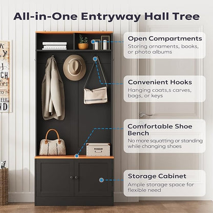 Entryway Hall Tree with Bench and Storage, 5-in-1 Farmhouse Coat Rack with 7 Hooks, Bench with Coat Rack with Storage Shelves for Hallway, Hallway, Black