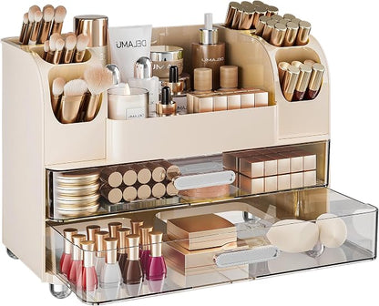 Delamu Large Makeup Organizer Countertop with 6 Brush Holders, Makeup Organizers for Vanity with 2 Large Drawers, Easy to Store Skincare, Lipsticks, Nail Polishes, Eyeshadow Palettes, Cream White