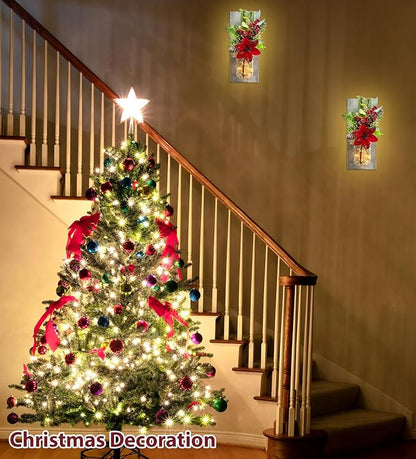 Mason Jars Sconce Decor Rustic Wall Sconces Handmade Wall Art Hanging Design with Remote Control LED Fairy Lights and Red Berry, Xmas Farmhouse Wall Home Decor Living Room Lights Set of Two