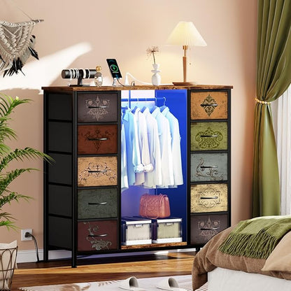 Dresser for Bedroom with Hanging Rack, 10 Drawers TV Stand with Charging Station LED Lights, Pattern Fabric Storage Organizer Cabinets for Living Room, Entryway, Nursery