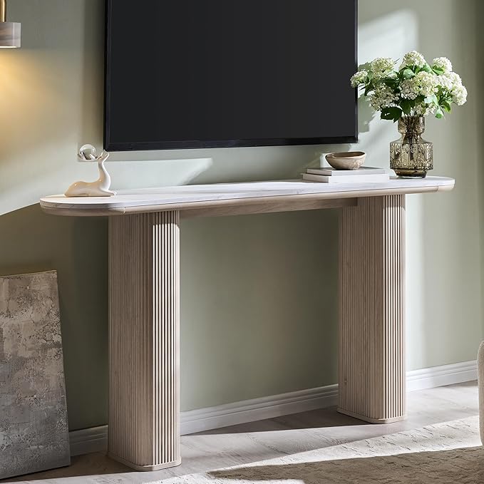 OKD 63" Modern Console Table with Arc Faux Marble Texture Top, Fluted Wood Base, Contemporary Entryway Sofa Table for Living Room, Hallway, Foyer, White Alder