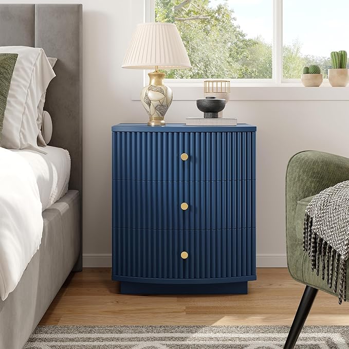 Dresser for Bedroom,3-Drawer Dresser, Mondern Wide Chest of Drawers with Fluted & Curved Design, Large Storage Chest for Bedroom, End Table for Living Rooms, （Blue）