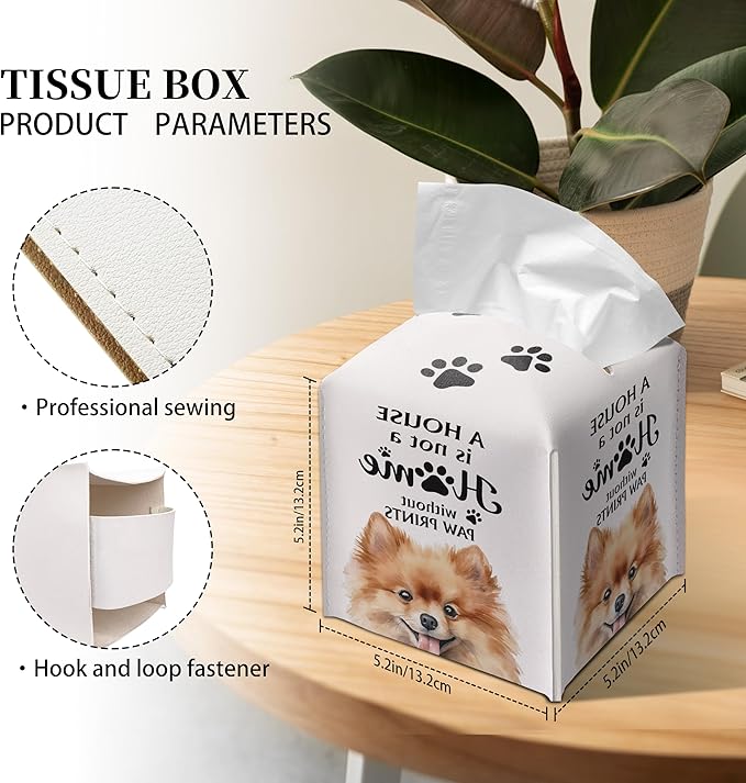 Grace Yonks Cute Pomeranian Tissue Box Cover Square, Pomeranian Dog Cube Case for Facial Tissues, 5.2" PU Leather(034)