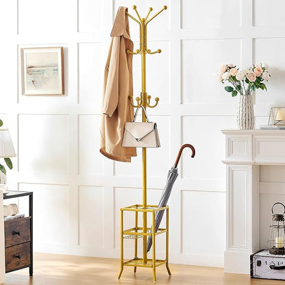 FAVOOSTY Coat Rack Freestanding,Coat Rack Stand with Umbrella Holder,Metal Coat Tree with 12 Hooks,Tree Clothes Hat for Entryway, Hallway, Bedroom, Living Room & Office -Glod