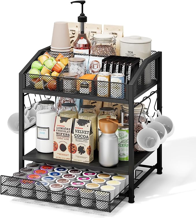Homsorout Coffee Bar Organizer - Countertop Coffee Station, 42 K Cup holder Storage Basket with Drawer and Hooks for Syrup, Cups, Stirrer, Condiment, Tea Organizer, Black