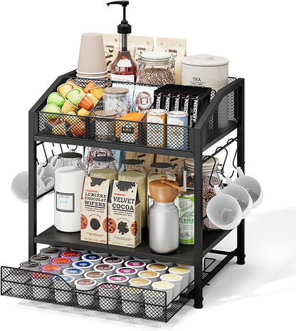Homsorout Coffee Bar Organizer - Countertop Coffee Station, 42 K Cup holder Storage Basket with Drawer and Hooks for Syrup, Cups, Stirrer, Condiment, Tea Organizer, Black