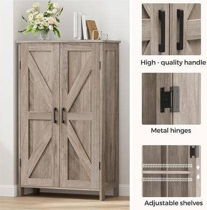 Homleke Farmhouse Bathroom Cabinet with Adjustable Shelves, Free-Standing Storage Cabinet with Barn Doors, for Kitchen, Living Room, Dining Room, Entryway, Greige