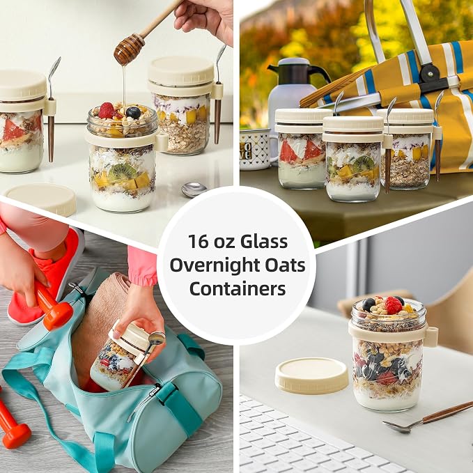 6 Pack Overnight Oats Containers with Lids and Spoons, 16 oz Glass Mason Overnight Oats Jars, Large Capacity Airtight Jars for Milk, Cereal, Fruit(Beige）