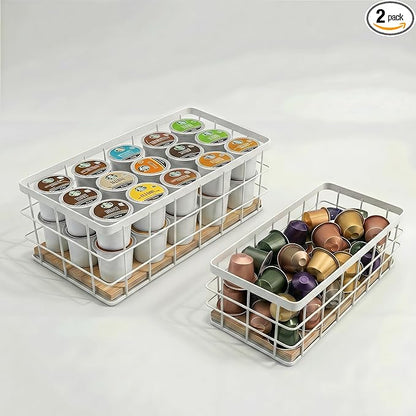 2-Pack White Coffee Pod Holder Basket with Wooden Base - Minimalist Cpffee Pod Organizer for Coffee Station, High-Capacity Wire Capsule Storage for Kitchen Countertop Office
