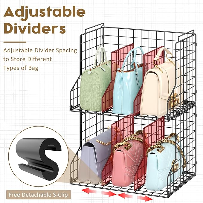 Sonyabecca Purse Organizer for Closet,2-Pack Adjustable&Stackable Purse Storage Organizer Dividers for Open Cabinets,Wire Storage Baskets for Purses/Handbags/Clutches-Black