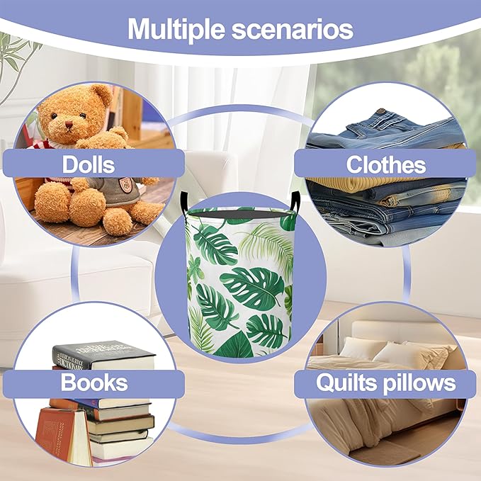 Tropical Palm Leaves Laundry Hamper Large Canvas Fabric Lightweight Storage Basket/Dirty Clothes Collapsible Waterproof for College Dorms, Boys and Girls Bedroom,Bathroom