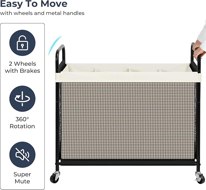 STO STO Laundry Hamper 4 Section, 140L Rolling Laundry Sorter Cart with Removable and Washable Liner Bag, Clothes Hamper with Wheels and Metal Handle for Laundry Room and Bedroom, Beige