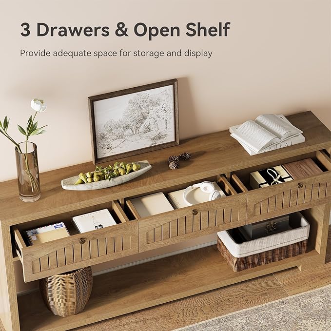 LITTLE TREE 70.8-Inch Long Console Table with 3 Drawers, Farmhouse Narrow Entryway Table for Hallway, Entry, Behind Couch, Sofa, Entrance, Living Room, Foyer with 2-Tier Shelves, Light Brown